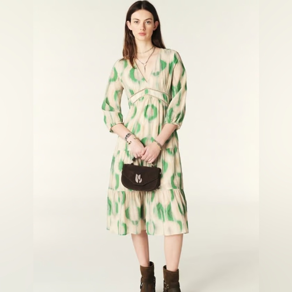 BA&SH SIZE S small carela dress ecru‎ green midi v-neck
